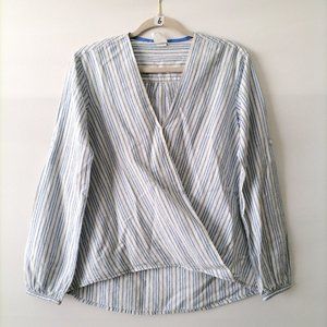 Remade Womens White Blue V Neck Faux Wrap Roll Tab Sleeve Striped Top Size S